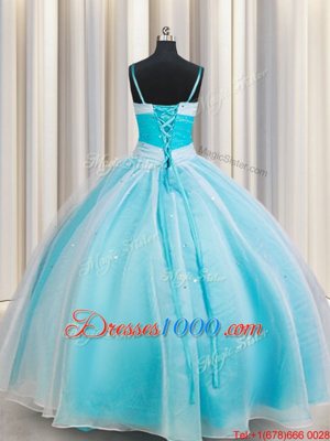 Latest White and Blue Ball Gowns Organza Spaghetti Straps Sleeveless Beading Floor Length Lace Up Quinceanera Gown