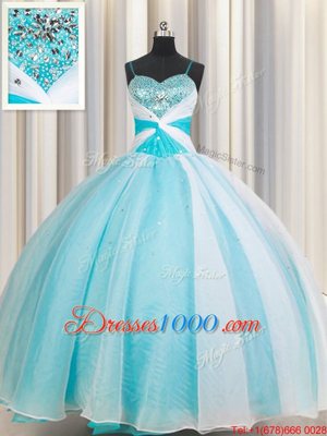 Latest White and Blue Ball Gowns Organza Spaghetti Straps Sleeveless Beading Floor Length Lace Up Quinceanera Gown