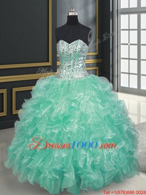 Sweetheart Sleeveless Organza Quince Ball Gowns Beading and Ruffles Lace Up