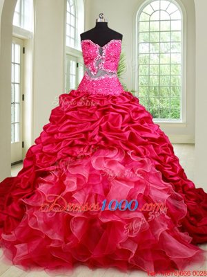 Vintage See Through Coral Red Sweetheart Lace Up Beading and Ruffles and Pick Ups Quinceanera Gown Chapel Train Sleeveless