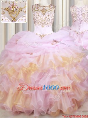 Classical Scoop Pink Ball Gowns Beading and Ruffles and Pick Ups Quinceanera Dresses Lace Up Organza Sleeveless With Train