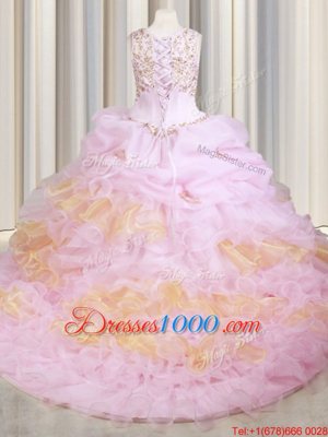 Classical Scoop Pink Ball Gowns Beading and Ruffles and Pick Ups Quinceanera Dresses Lace Up Organza Sleeveless With Train