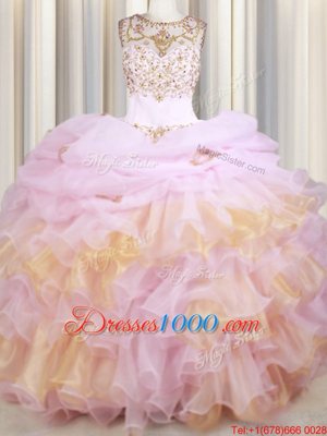 Classical Scoop Pink Ball Gowns Beading and Ruffles and Pick Ups Quinceanera Dresses Lace Up Organza Sleeveless With Train