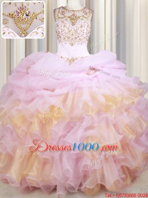 Classical Scoop Pink Ball Gowns Beading and Ruffles and Pick Ups Quinceanera Dresses Lace Up Organza Sleeveless With Train