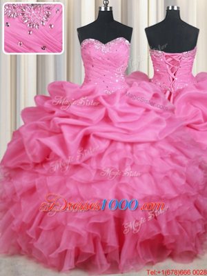 Captivating Rose Pink Lace Up Sweet 16 Dress Beading and Ruffles and Pick Ups Sleeveless Floor Length