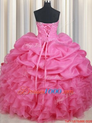 Captivating Rose Pink Lace Up Sweet 16 Dress Beading and Ruffles and Pick Ups Sleeveless Floor Length