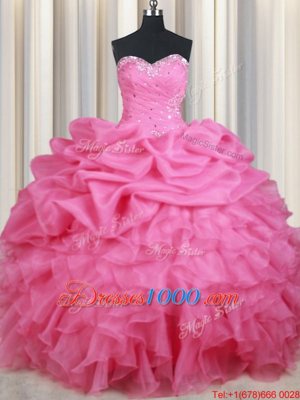 Captivating Rose Pink Lace Up Sweet 16 Dress Beading and Ruffles and Pick Ups Sleeveless Floor Length