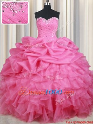 Captivating Rose Pink Lace Up Sweet 16 Dress Beading and Ruffles and Pick Ups Sleeveless Floor Length