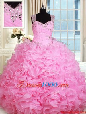 On Sale Floor Length Rose Pink Sweet 16 Quinceanera Dress Straps Sleeveless Zipper