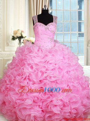 On Sale Floor Length Rose Pink Sweet 16 Quinceanera Dress Straps Sleeveless Zipper