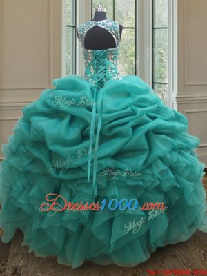 Custom Designed Pick Ups See Through Floor Length Turquoise Quinceanera Dresses Scoop Sleeveless Lace Up