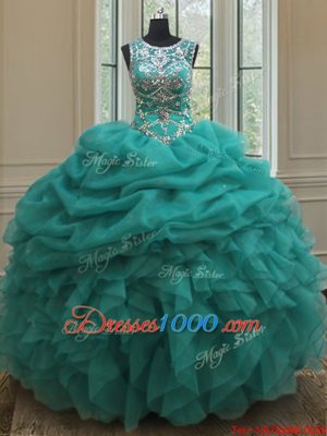 Custom Designed Pick Ups See Through Floor Length Turquoise Quinceanera Dresses Scoop Sleeveless Lace Up