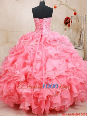 Pink Lace Up Quinceanera Gown Beading and Ruffles Sleeveless Floor Length