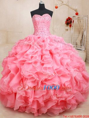 Pink Lace Up Quinceanera Gown Beading and Ruffles Sleeveless Floor Length