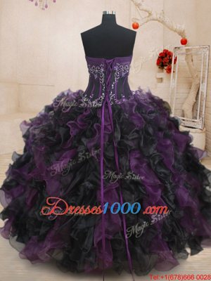 Fitting Black And Purple Sleeveless Floor Length Beading and Ruffles Lace Up Quinceanera Dresses