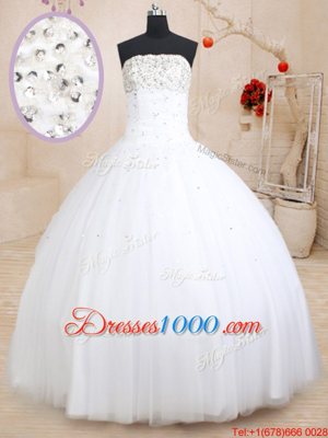 Strapless Sleeveless Lace Up Ball Gown Prom Dress White Tulle
