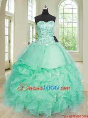 Modest Apple Green Sweetheart Lace Up Beading and Ruffles Quince Ball Gowns Sleeveless