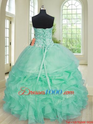 Modest Apple Green Sweetheart Lace Up Beading and Ruffles Quince Ball Gowns Sleeveless