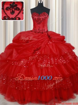 Red Lace Up Sweetheart Embroidery and Ruffled Layers and Sequins and Pick Ups 15th Birthday Dress Organza Sleeveless