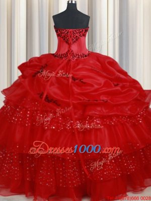 Red Lace Up Sweetheart Embroidery and Ruffled Layers and Sequins and Pick Ups 15th Birthday Dress Organza Sleeveless