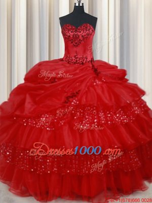 Red Lace Up Sweetheart Embroidery and Ruffled Layers and Sequins and Pick Ups 15th Birthday Dress Organza Sleeveless