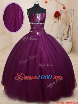 Floor Length Dark Purple Sweet 16 Quinceanera Dress Strapless Sleeveless Lace Up