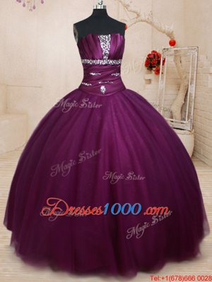 Floor Length Dark Purple Sweet 16 Quinceanera Dress Strapless Sleeveless Lace Up