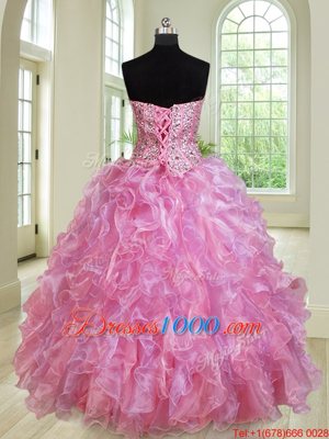 Shining Organza Sweetheart Sleeveless Lace Up Beading and Ruffles Quince Ball Gowns in Multi-color