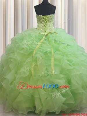 Yellow Green Lace Up Quinceanera Gowns Beading and Ruffles Sleeveless Floor Length