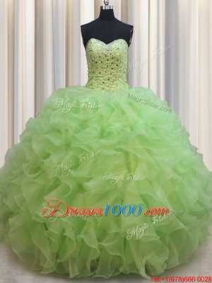 Yellow Green Lace Up Quinceanera Gowns Beading and Ruffles Sleeveless Floor Length