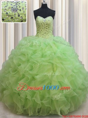 Yellow Green Lace Up Quinceanera Gowns Beading and Ruffles Sleeveless Floor Length