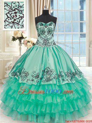 Turquoise Quince Ball Gowns Military Ball and Sweet 16 and Quinceanera and For with Embroidery and Ruffled Layers Sweetheart Sleeveless Lace Up