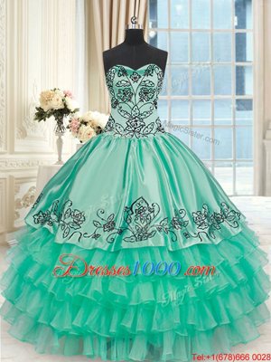 Turquoise Quince Ball Gowns Military Ball and Sweet 16 and Quinceanera and For with Embroidery and Ruffled Layers Sweetheart Sleeveless Lace Up