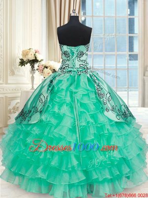 Turquoise Quince Ball Gowns Military Ball and Sweet 16 and Quinceanera and For with Embroidery and Ruffled Layers Sweetheart Sleeveless Lace Up