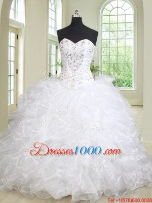 Sweetheart Sleeveless Brush Train Lace Up Quinceanera Gown White Organza