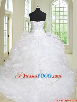 Sweetheart Sleeveless Brush Train Lace Up Quinceanera Gown White Organza