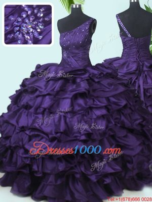 Latest Pick Ups Ball Gowns Quinceanera Gown Purple One Shoulder Taffeta Sleeveless Floor Length Lace Up