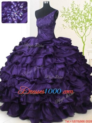 Latest Pick Ups Ball Gowns Quinceanera Gown Purple One Shoulder Taffeta Sleeveless Floor Length Lace Up