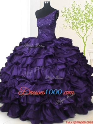 Latest Pick Ups Ball Gowns Quinceanera Gown Purple One Shoulder Taffeta Sleeveless Floor Length Lace Up