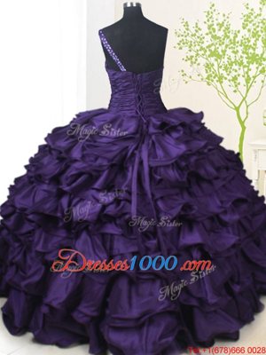 Latest Pick Ups Ball Gowns Quinceanera Gown Purple One Shoulder Taffeta Sleeveless Floor Length Lace Up