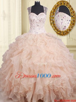 Hot Sale Straps Straps Pink Zipper 15th Birthday Dress Beading and Ruffles Cap Sleeves Floor Length
