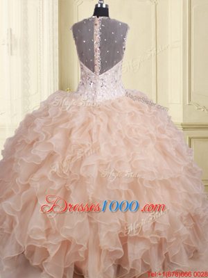 Hot Sale Straps Straps Pink Zipper 15th Birthday Dress Beading and Ruffles Cap Sleeves Floor Length