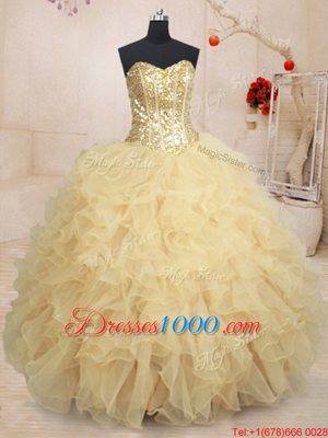 Sleeveless Lace Up Floor Length Beading and Ruffles and Sequins Ball Gown Prom Dress
