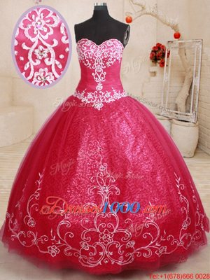 Hot Selling Coral Red Tulle Lace Up Sweet 16 Quinceanera Dress Sleeveless Floor Length Beading and Appliques and Embroidery