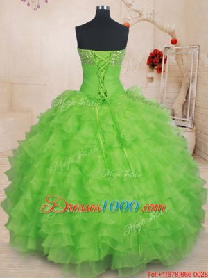 Popular Floor Length Lace Up Ball Gown Prom Dress for Military Ball and Sweet 16 and Quinceanera with Beading and Ruffled Layers