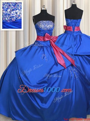 Blue Lace Up Strapless Beading and Bowknot Quinceanera Dresses Taffeta Sleeveless