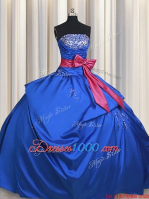 Blue Lace Up Strapless Beading and Bowknot Quinceanera Dresses Taffeta Sleeveless