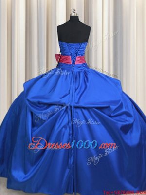 Blue Lace Up Strapless Beading and Bowknot Quinceanera Dresses Taffeta Sleeveless