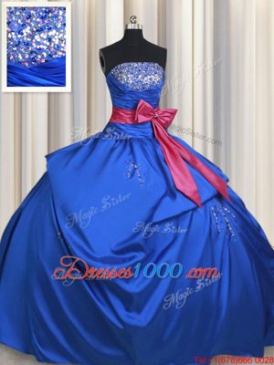 Blue Lace Up Strapless Beading and Bowknot Quinceanera Dresses Taffeta Sleeveless