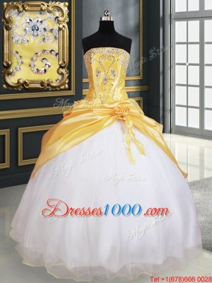 Sweet Yellow And White Ball Gowns Beading and Pick Ups and Hand Made Flower Quinceanera Dresses Lace Up Organza and Taffeta Sleeveless Floor Length